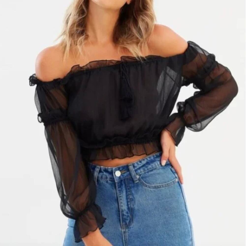 Lioness Stop Motion Sheer Off the Shoulder Top - Black - Size Small